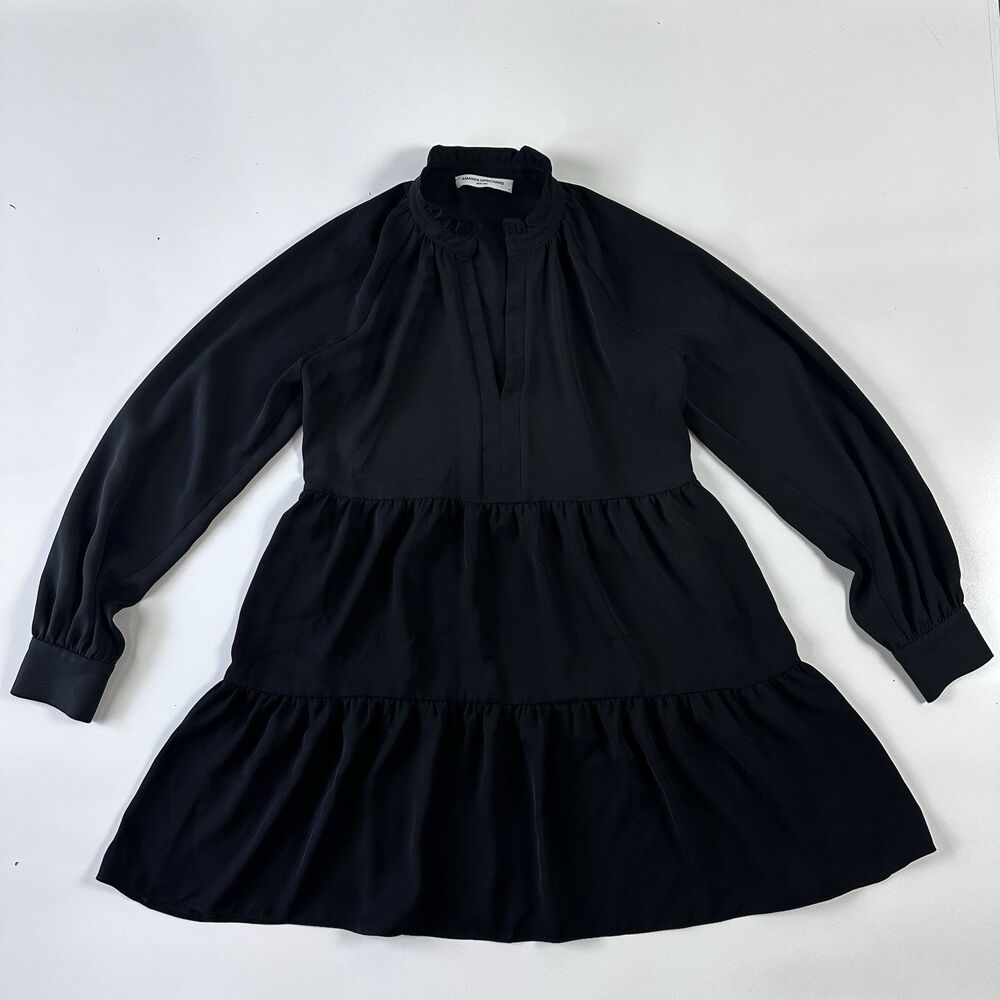 AMANDA UPRICHARD Black Tiered V-Neck Boho Relaxed Cottage Mini Dress Size Medium